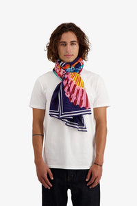 Inoui Editions cotton scarf Galapagos colourful shells on navy blue.