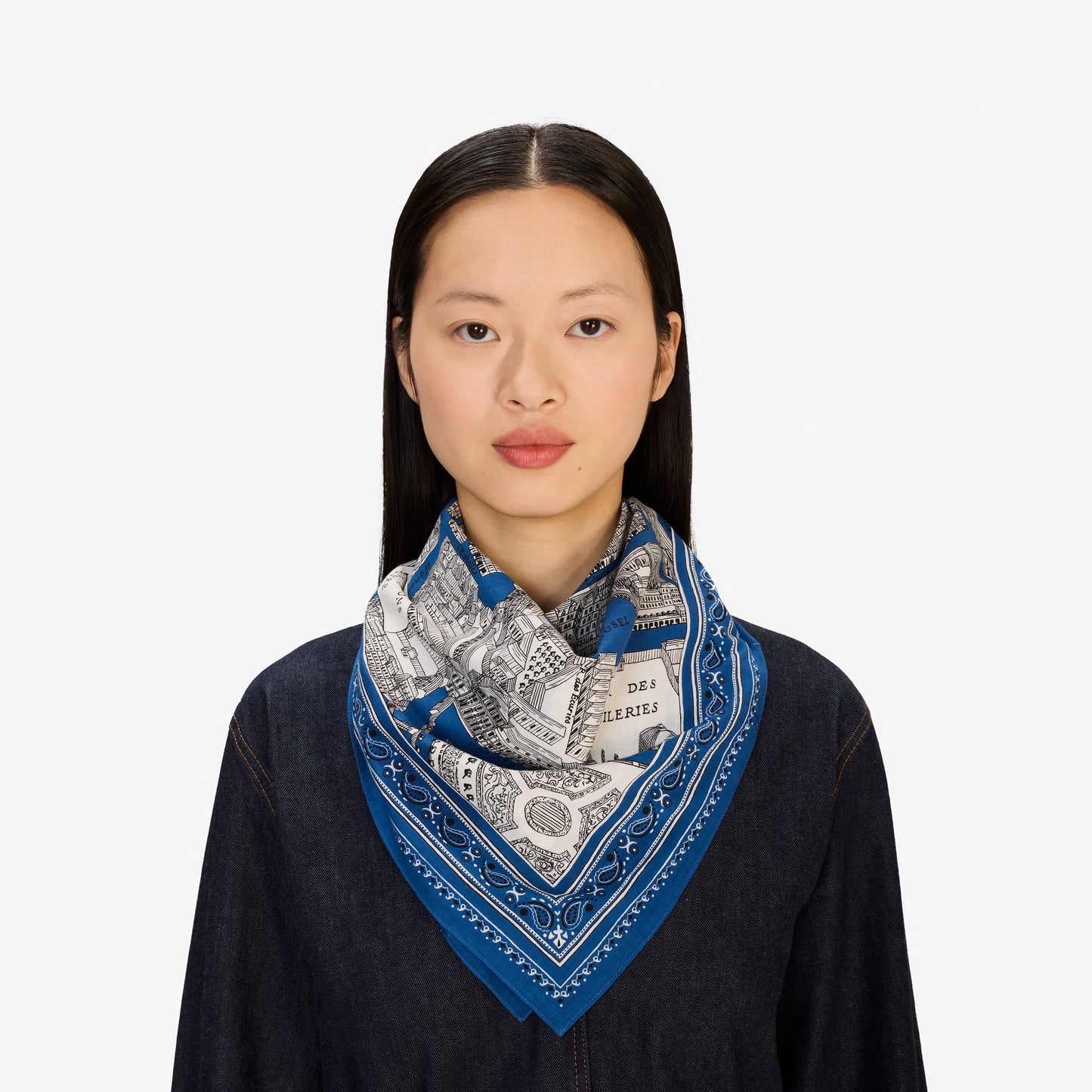 Inoui Editions fine cotton square scarf carre, Louvre map design on a blue border with intricate details