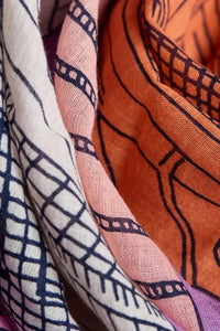 Inoui Editions fine cotton scarf Paris scene in red and pink.