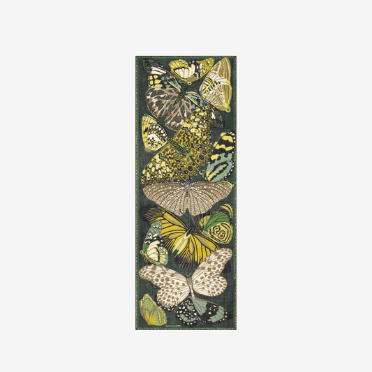 Inoui Editions fine wool scarf Papillons featuring colorful butterfly illustrations in green shades on a white background.