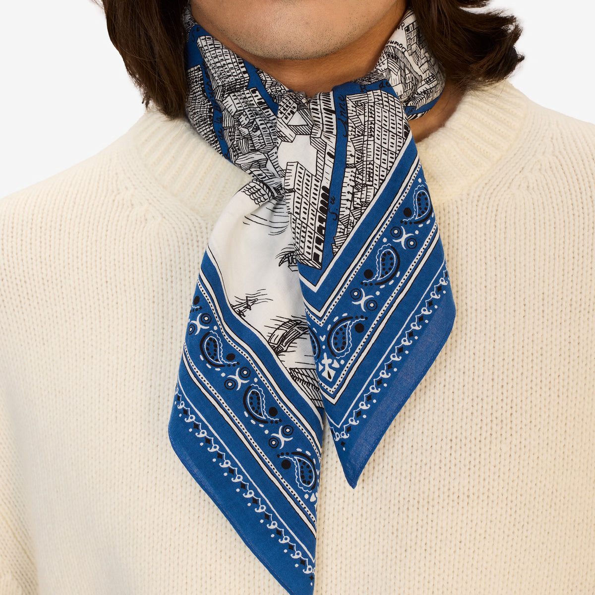 Inoui Editions fine cotton square scarf carre, Louvre map design on a blue border with intricate details