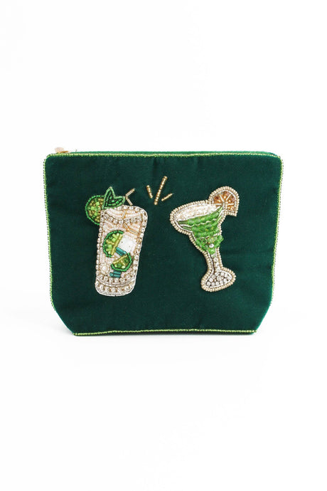 My Doris velvet pouch featuring hand beaded cocktails on deep green.