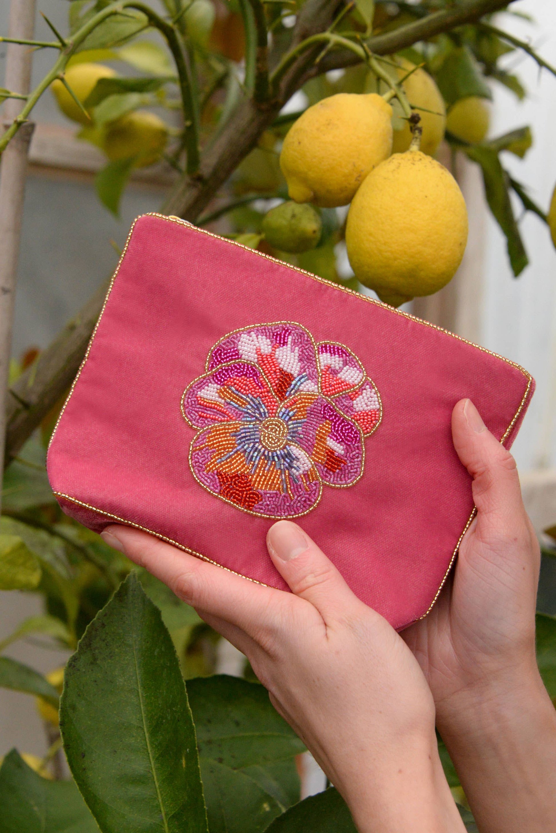 My Doris pink pansy embroidered beaded velvet zippered pouch.