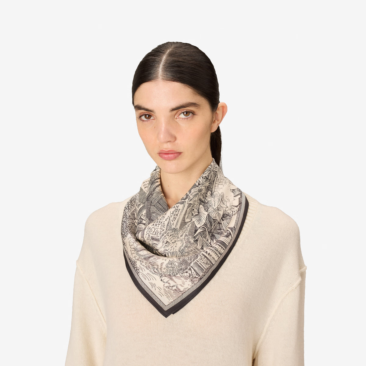 Inoui Editions Piranesi cotton silk carre square scarf, finely drawn classical architecture with big cats, in black on white.