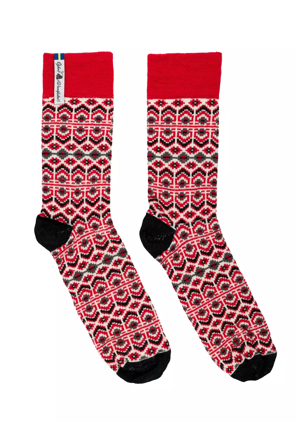 Ojbro Vantfabrik Nordic design made in Sweden merino wool socks Dalarna Kurbits in red.