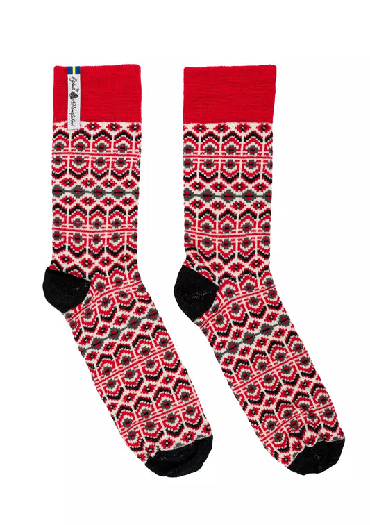 Ojbro Vantfabrik Nordic design made in Sweden merino wool socks Dalarna Kurbits in red.