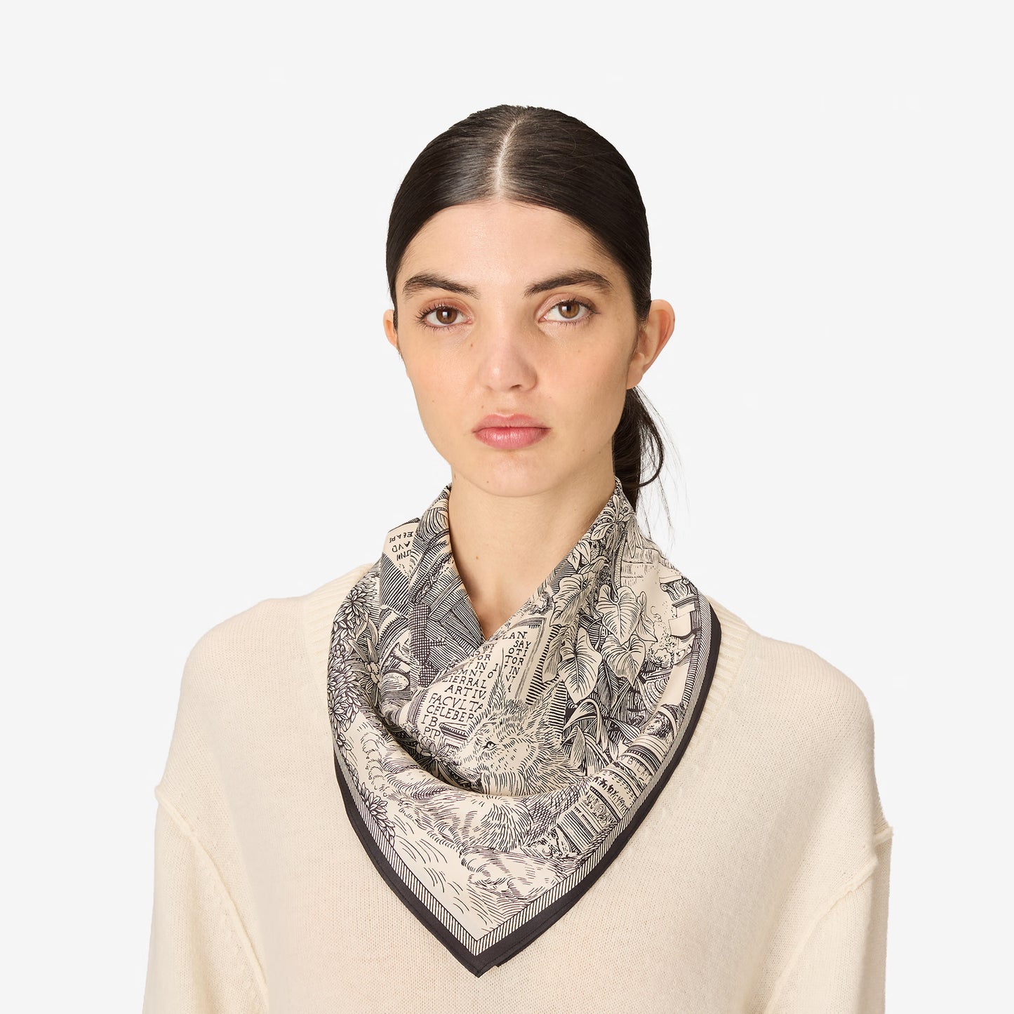 Inoui Editions Piranesi cotton silk carre square scarf, finely drawn classical architecture with big cats, in black on white.