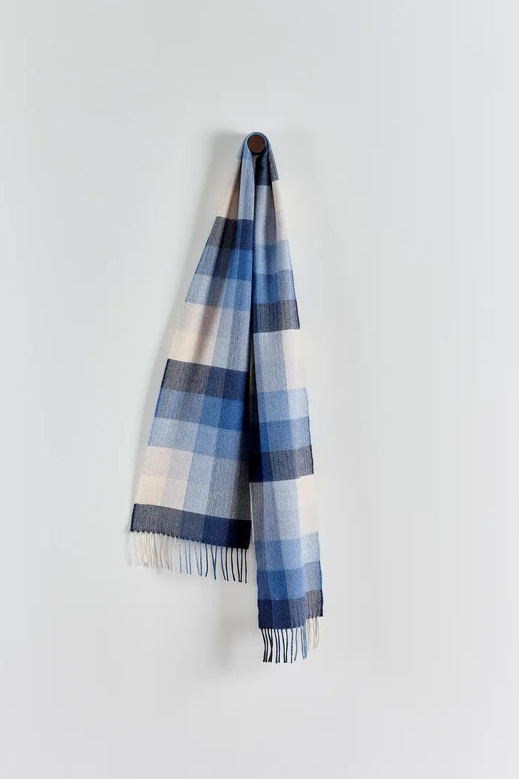 Avoca the Mill made in Ireland fine merino wool scarf in denim blue check.