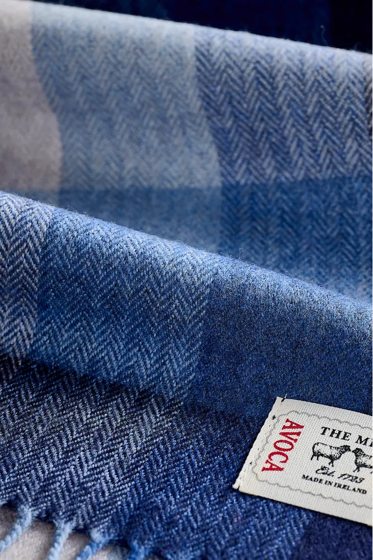 Avoca the Mill made in Ireland fine merino wool scarf in denim blue check.