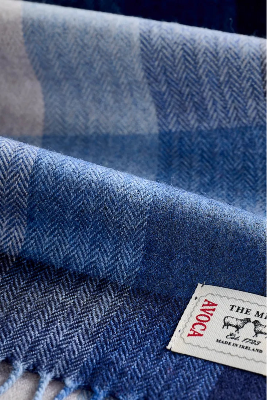 Avoca the Mill made in Ireland fine merino wool scarf in denim blue check.