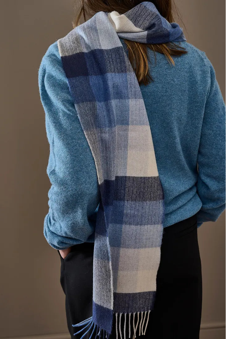 Avoca the Mill made in Ireland fine merino wool scarf in denim blue check.