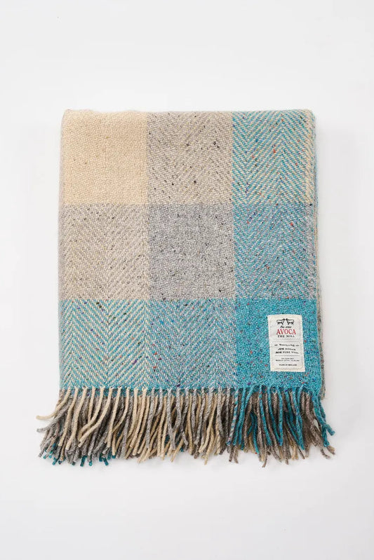 Avoca Century Donegal mohair tweed wool throw Dewdrop in aqua blue and beige check.
