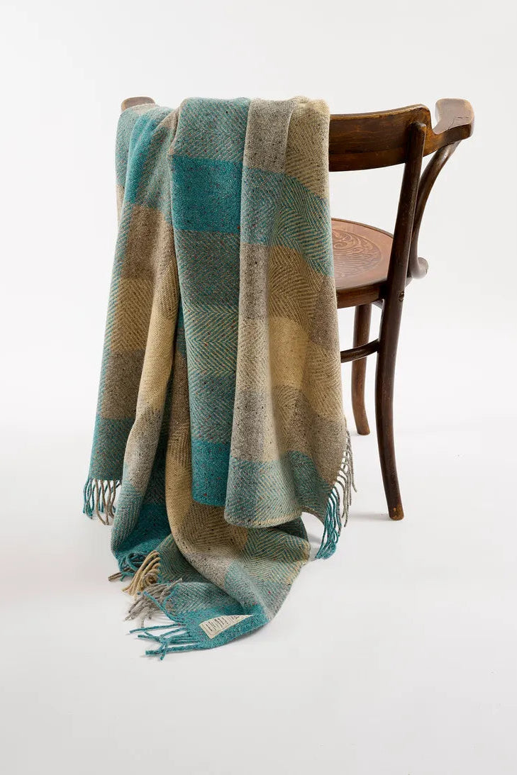 Avoca Century Donegal mohair tweed wool throw Dewdrop in aqua blue and beige check.