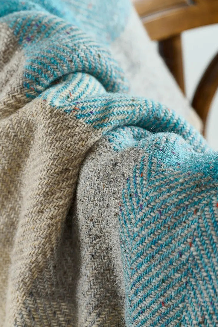 Avoca Century Donegal mohair tweed wool throw Dewdrop in aqua blue and beige check.