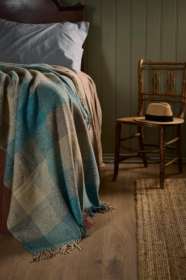 Avoca Century Donegal mohair tweed wool throw Dewdrop in aqua blue and beige check.