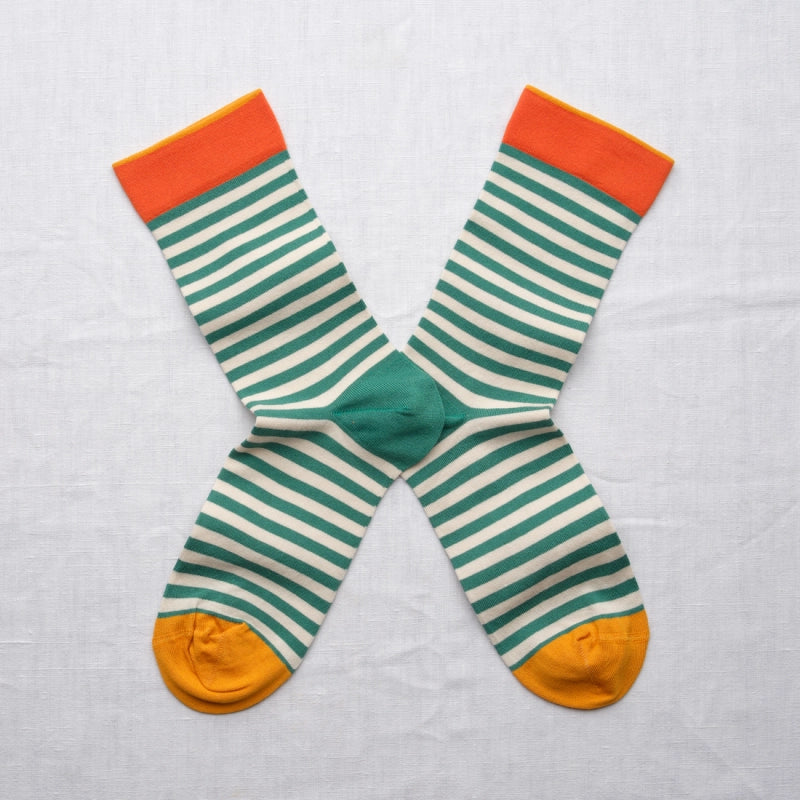Bonne Maison made in France striped socks in duck egg blue and white.