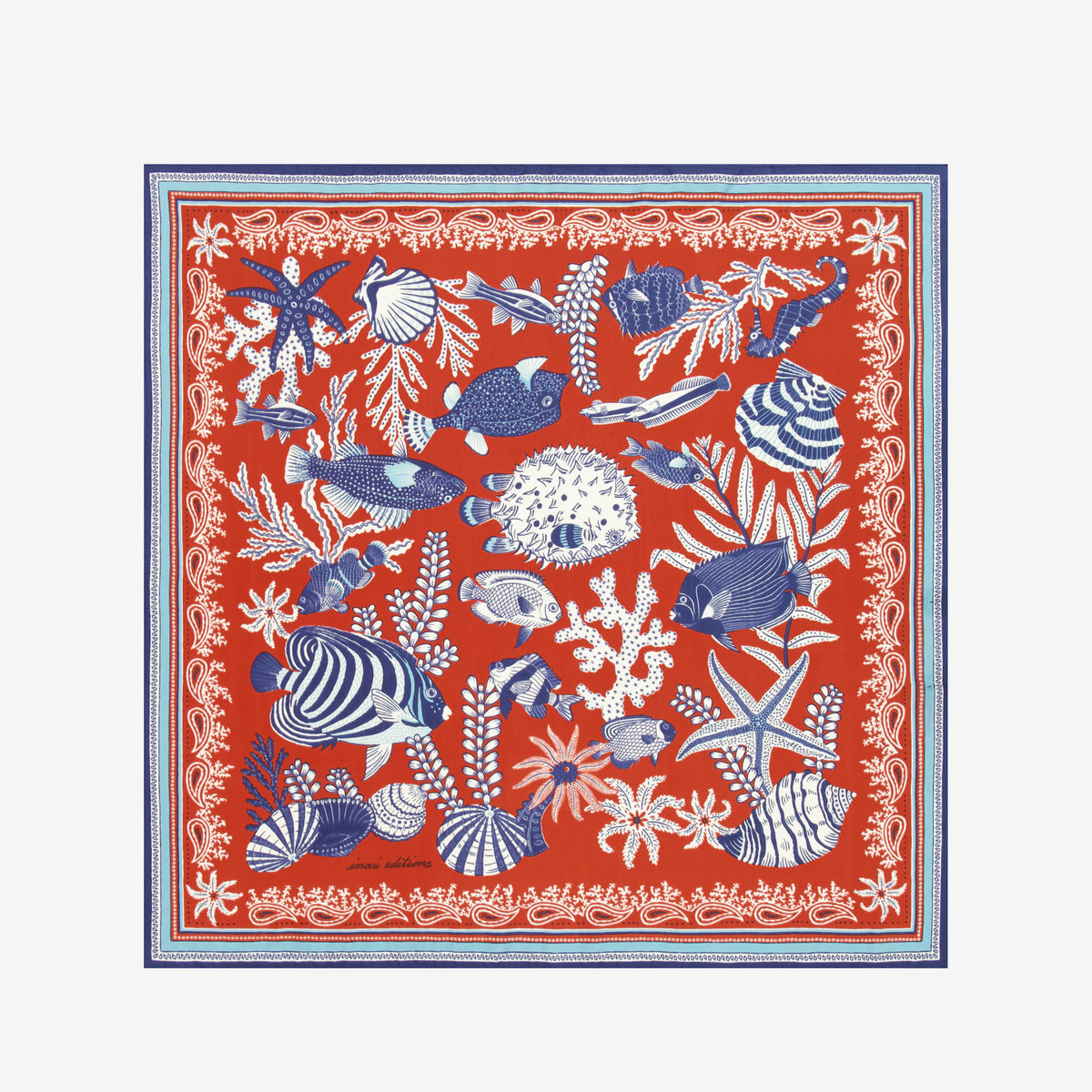 Inoui Editions Neptune pure silk carre, terracotta, blue and white scarf with marine life design on a white background.