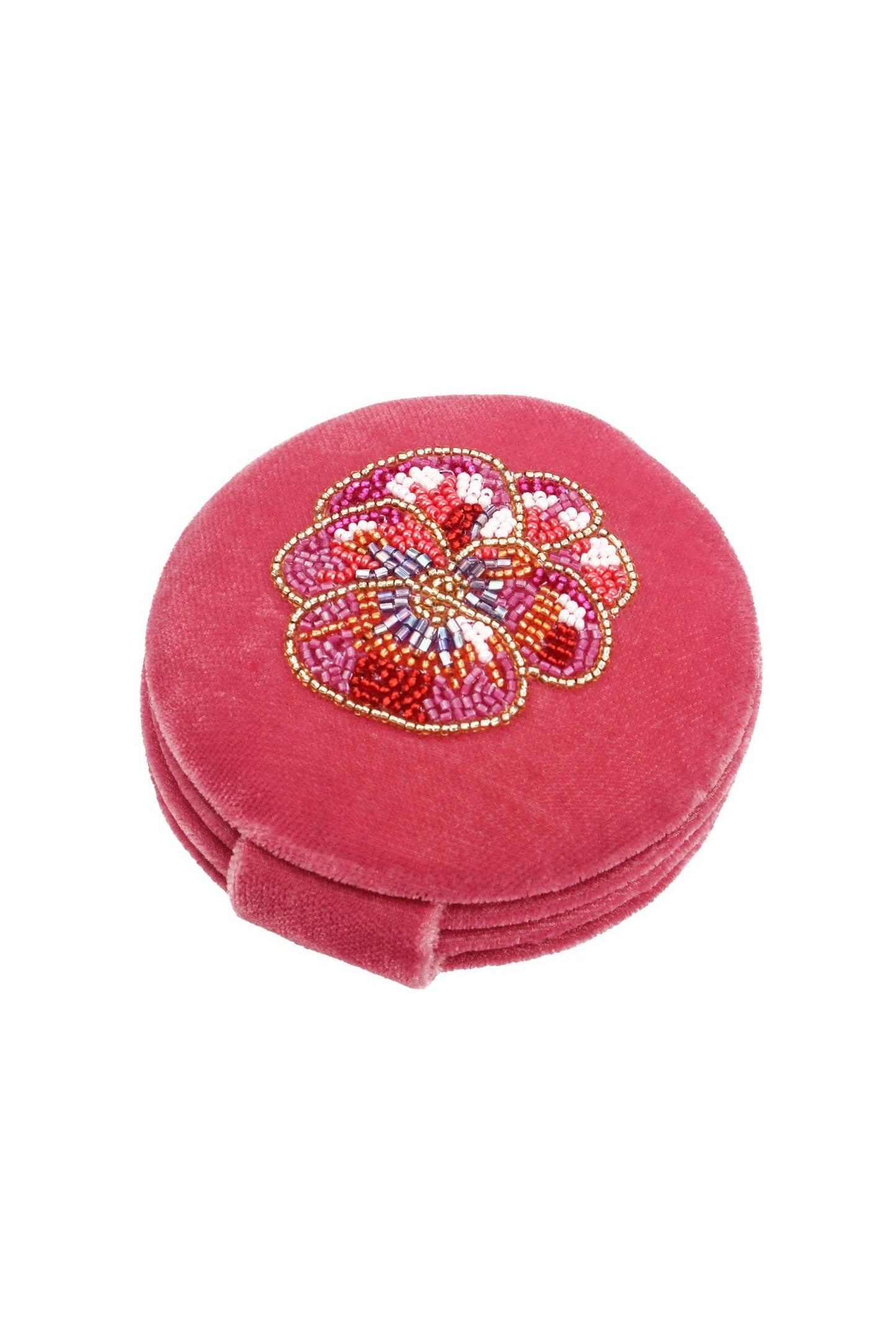 My Doris pink pansy velvet beaded compact mirror.