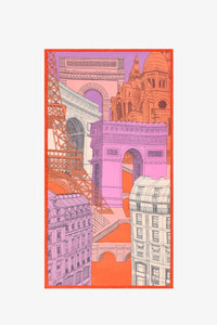 Inoui Editions fine cotton scarf Paris scene in red and pink.