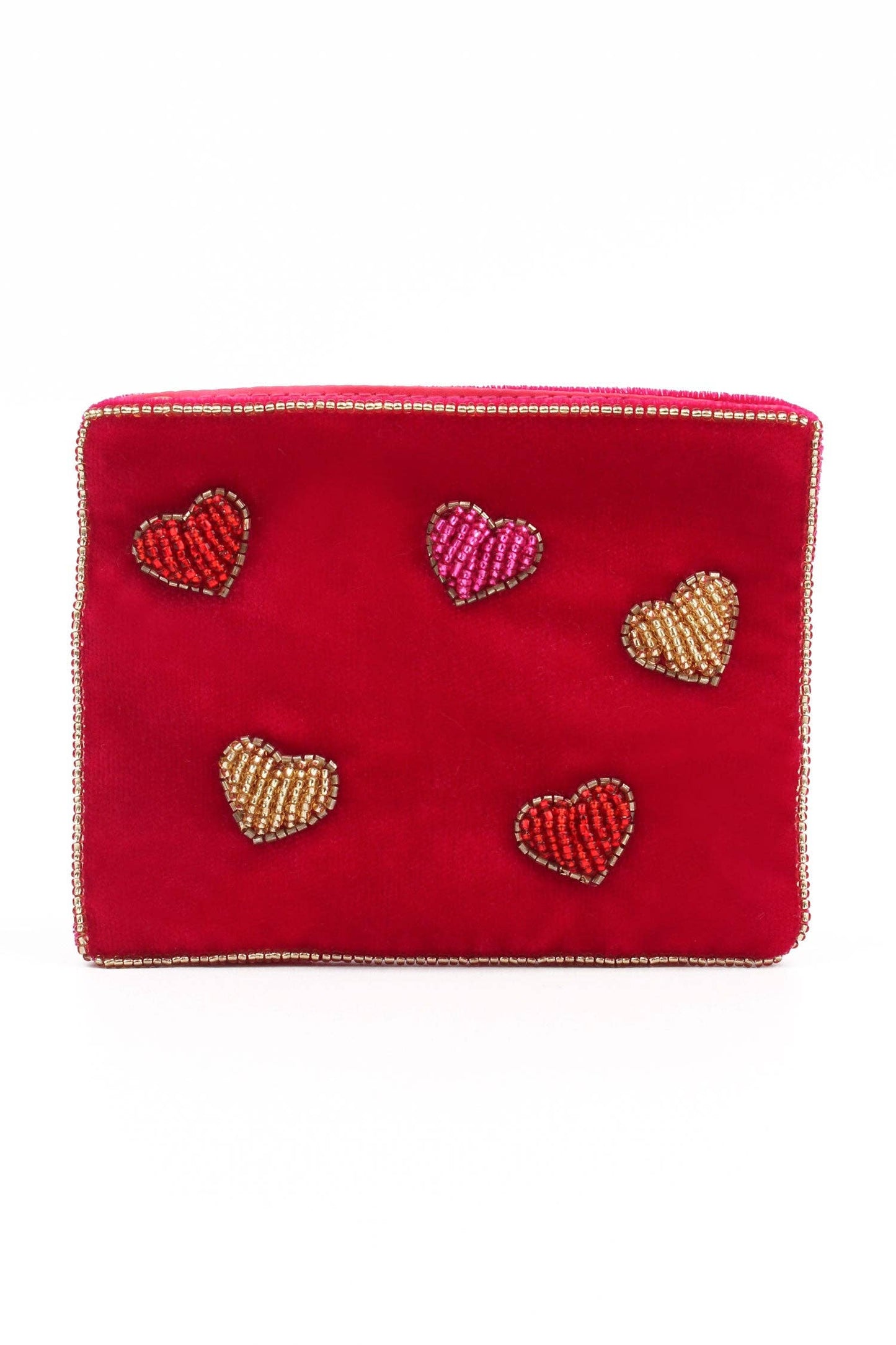 My Doris pink velvet beaded hearts pouch.