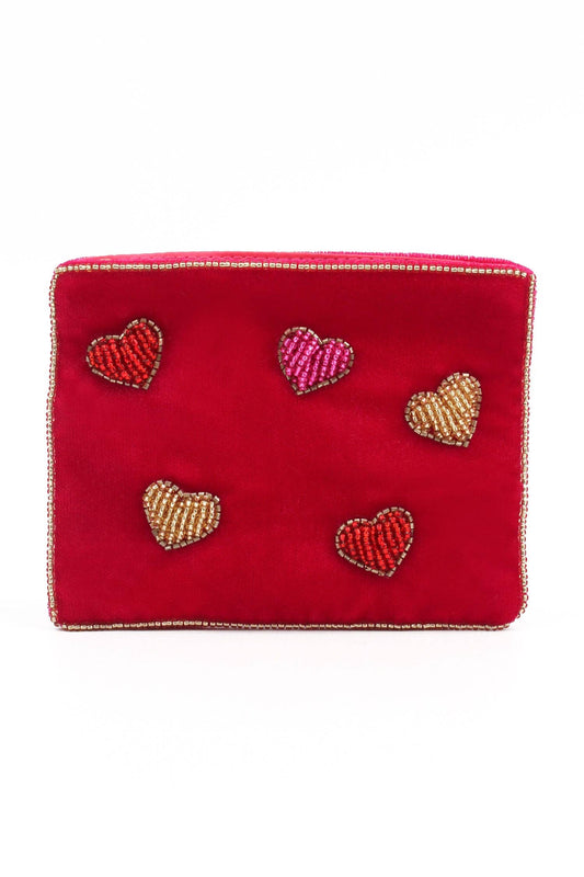 My Doris pink velvet beaded hearts pouch.