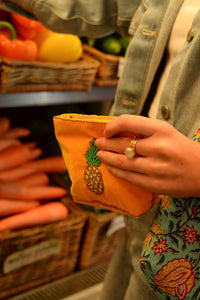 My Doris hand beaded velvet purse with pineapple motif.