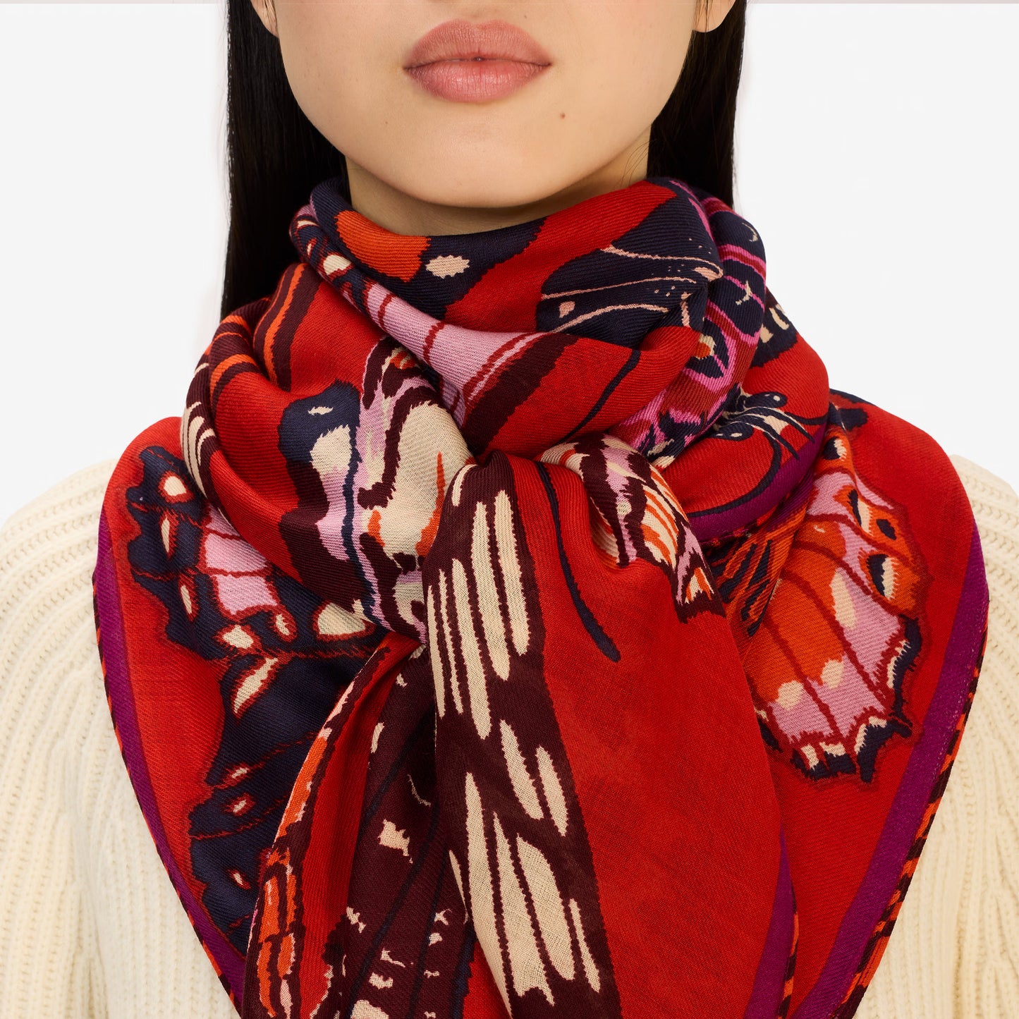 Inoui editions red papillon butterfly square scarf carre in pure wool