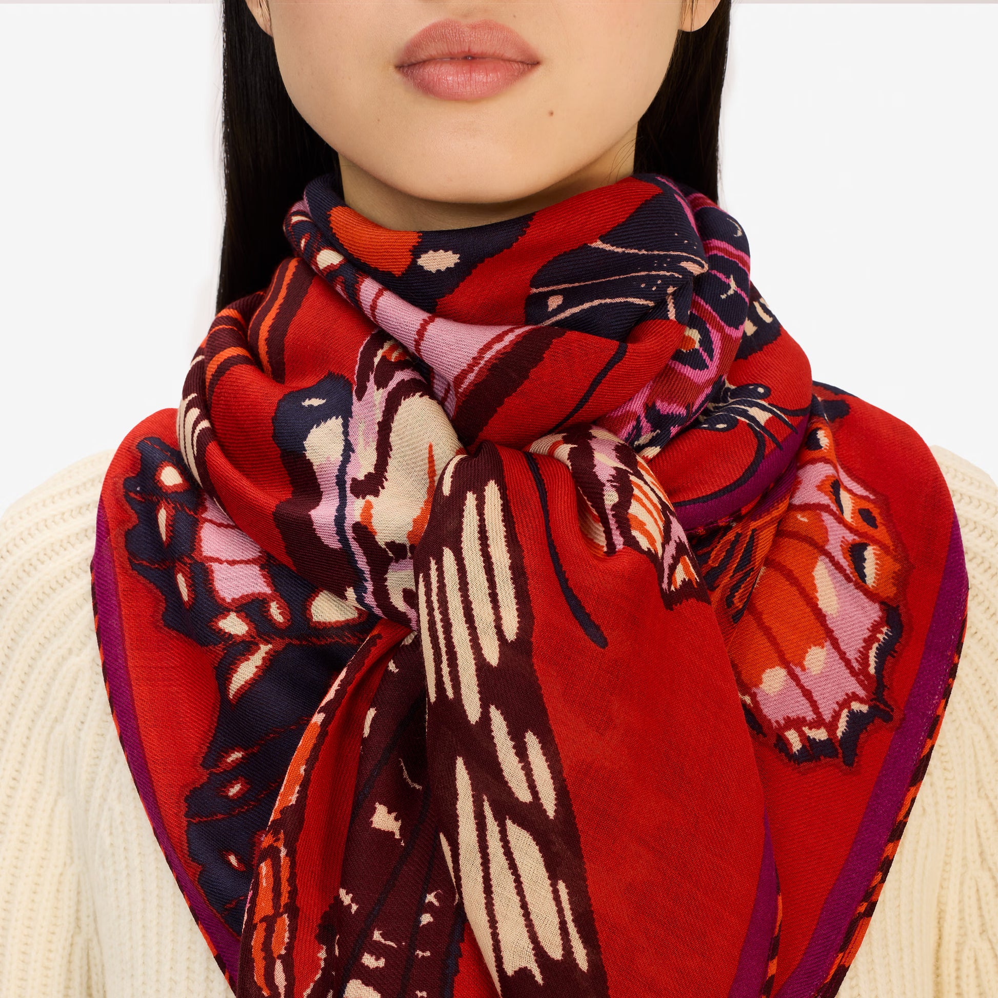 Inoui editions red papillon butterfly square scarf carre in pure wool