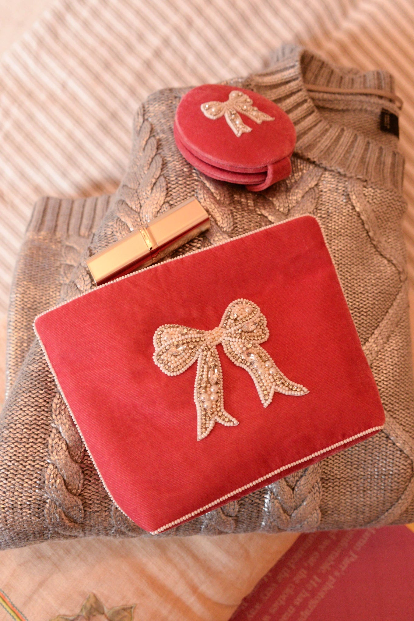 My Doris pearl bow medium sized velvet pouch.