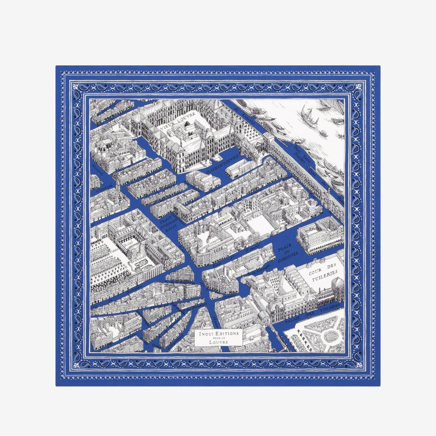 Inoui Editions fine cotton square scarf carre, Louvre map design on a blue border with intricate details