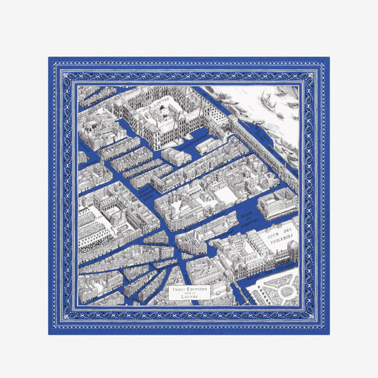 Inoui Editions fine cotton square scarf carre, Louvre map design on a blue border with intricate details