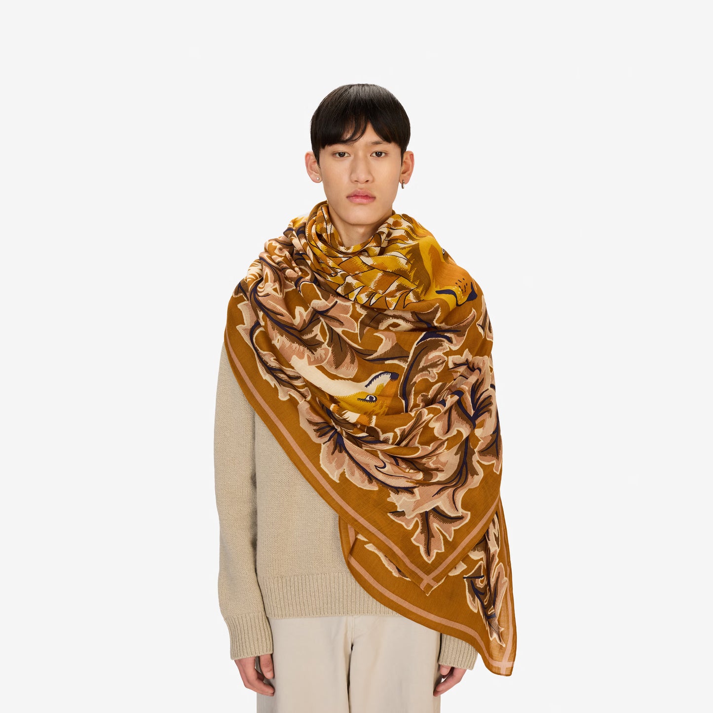 Inoui Editions Leonard arts and crafts inspired intricate floral and leaf pattern design in saffron yellow mustard.