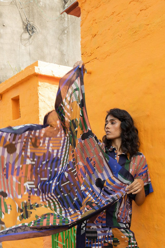 Ma Poesie Eden square cotton scarf floral and checks in brown.