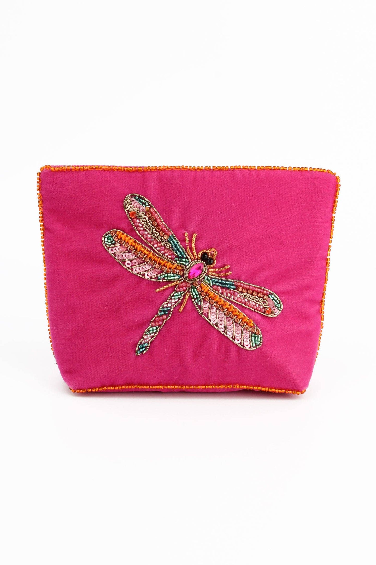 My Doris hand beaded velvet zippered pouch pink with dragonfly