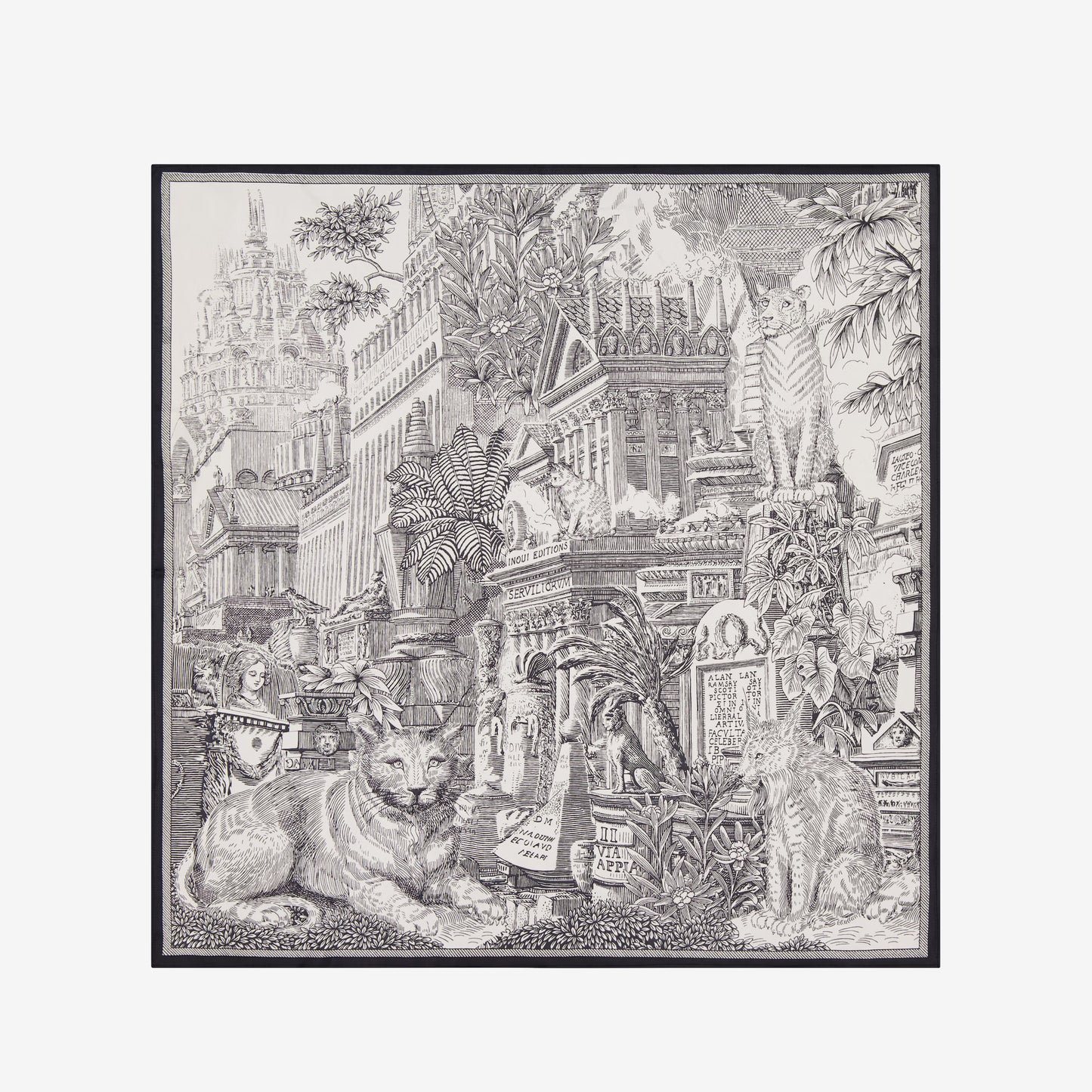 Inoui Editions Piranesi cotton silk carre square scarf, finely drawn classical architecture with big cats, in black on white.