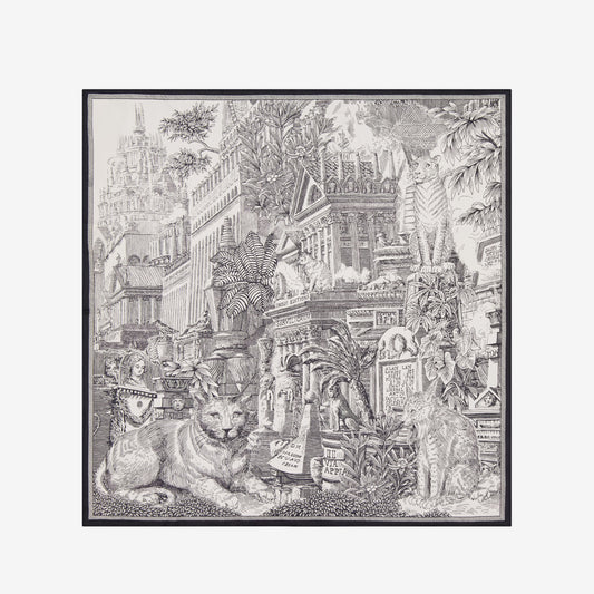 Inoui Editions Piranesi cotton silk carre square scarf, finely drawn classical architecture with big cats, in black on white.