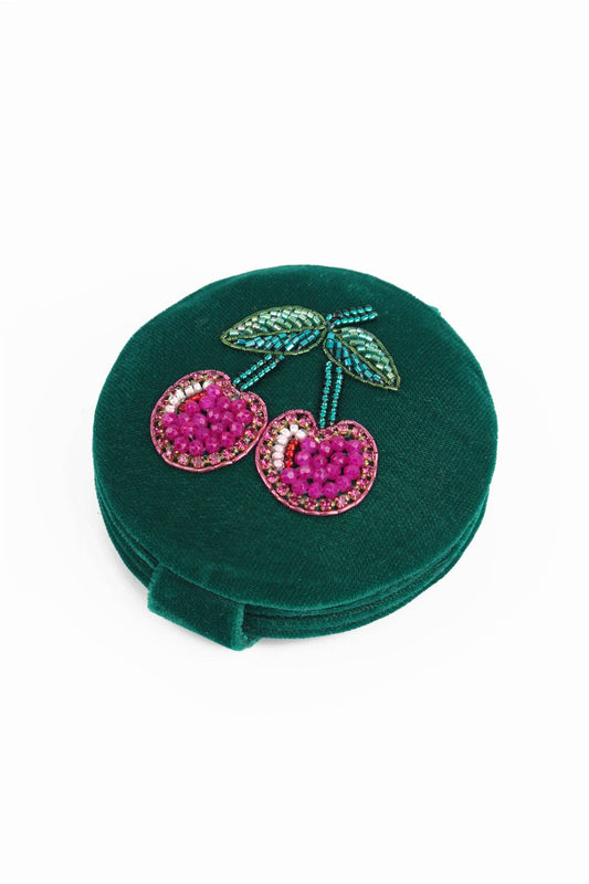 My Doris hand beaded cherry green velvet compact mirror.