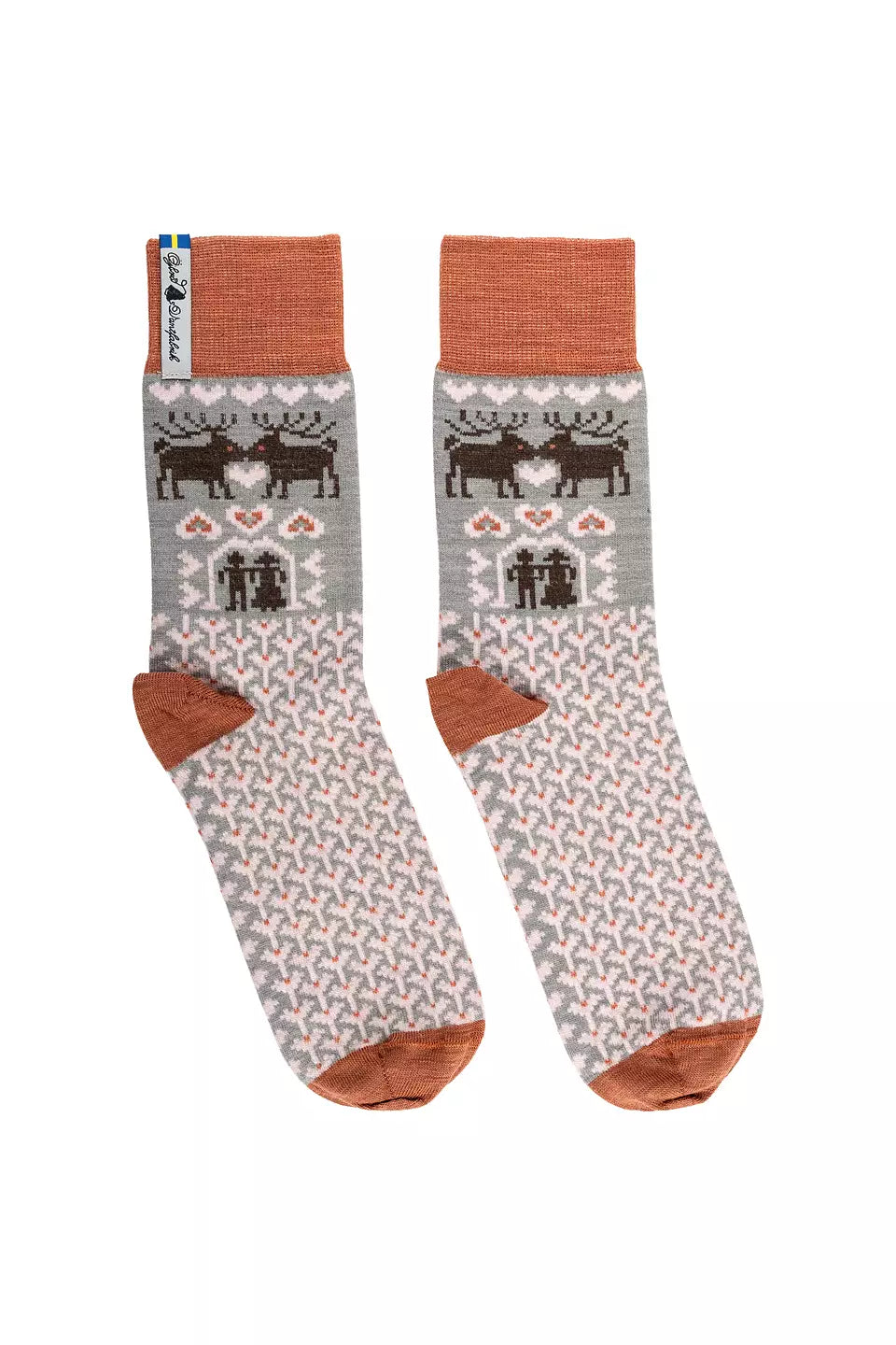 Ojbro Vantfabrik made in Sweden merino wool sooks in Fasfolk couples design in orange and grey.