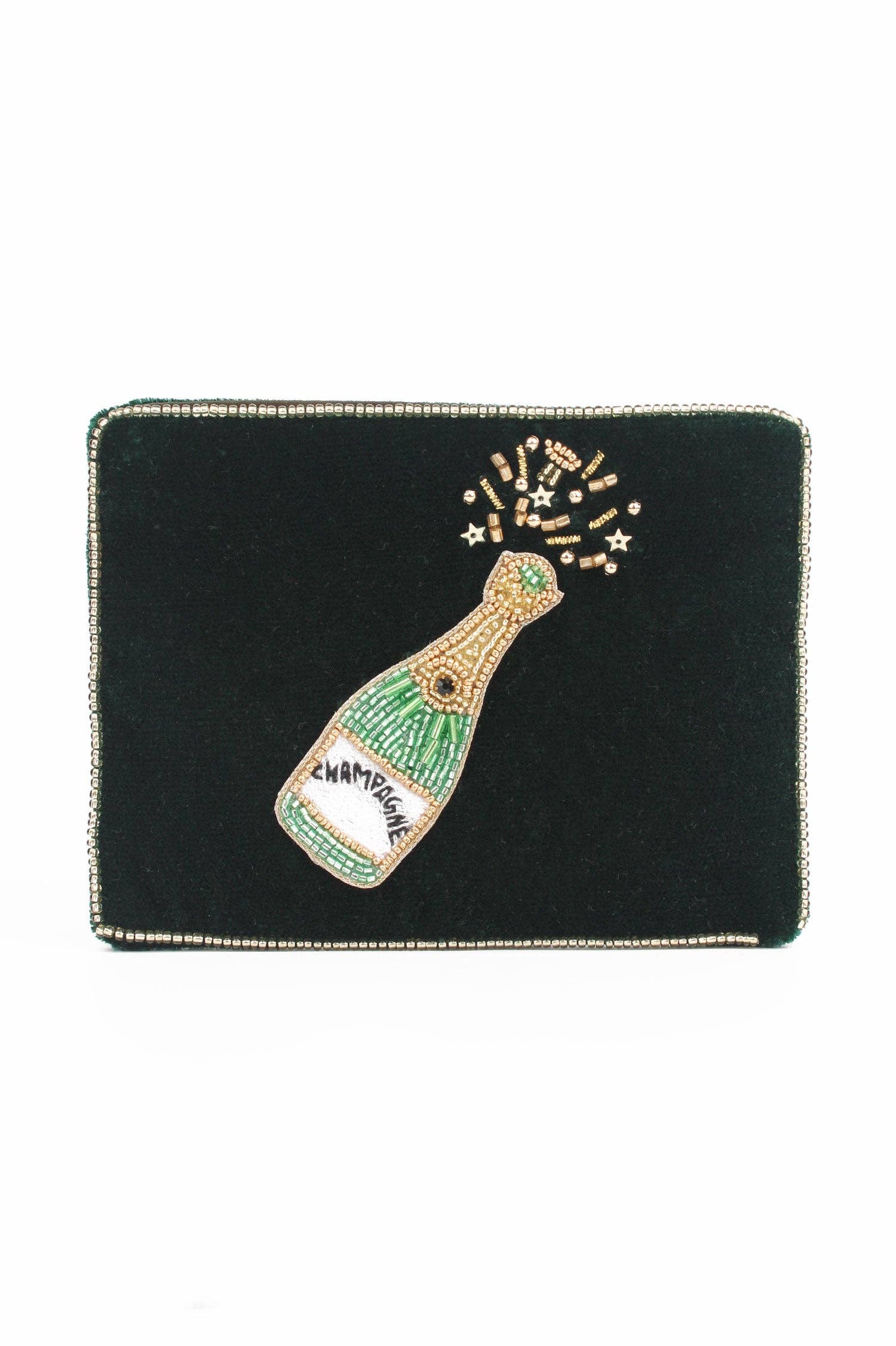 My Doris green champagne small velvet pouch hand beaded.
