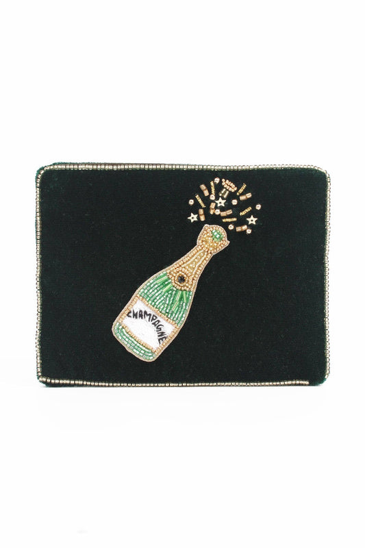 My Doris green champagne small velvet pouch hand beaded.