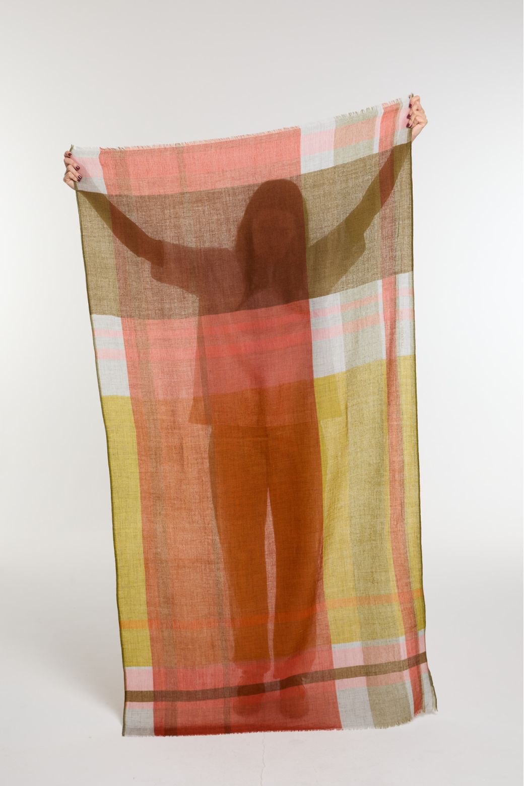 Ma Poesie Divine fine wool scarf in ochre, woven colour block in ochre, mustard and brown.