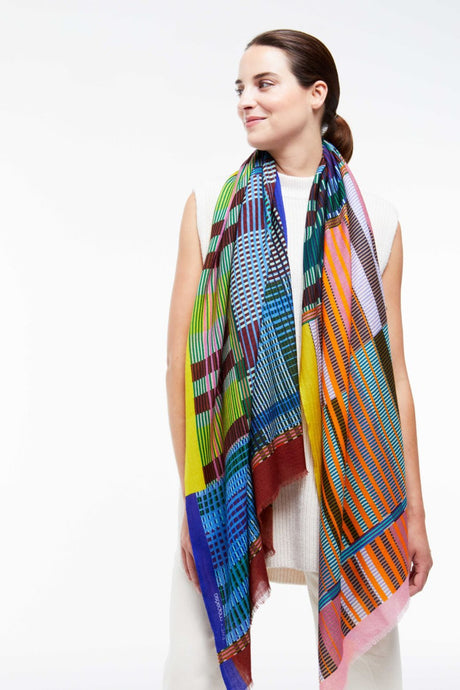 Mapoèsie Ewe fine wool scarf in Multico, multicolour checks.