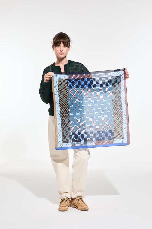 Mapoesie French cotton bandanna square scarf blue and olive green in spot Pollen design.