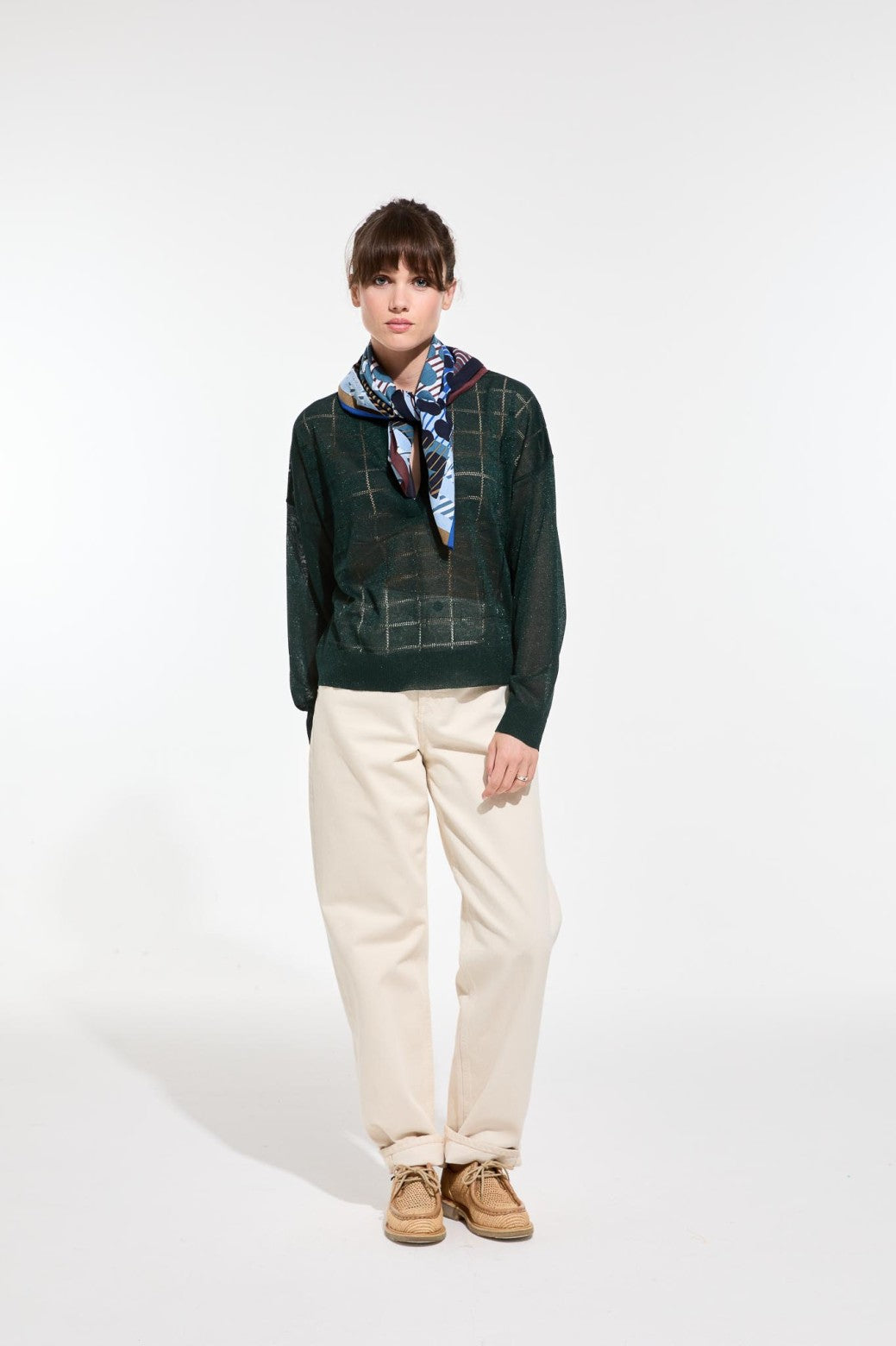 Mapoesie French cotton bandanna square scarf blue and olive green in spot Pollen design.