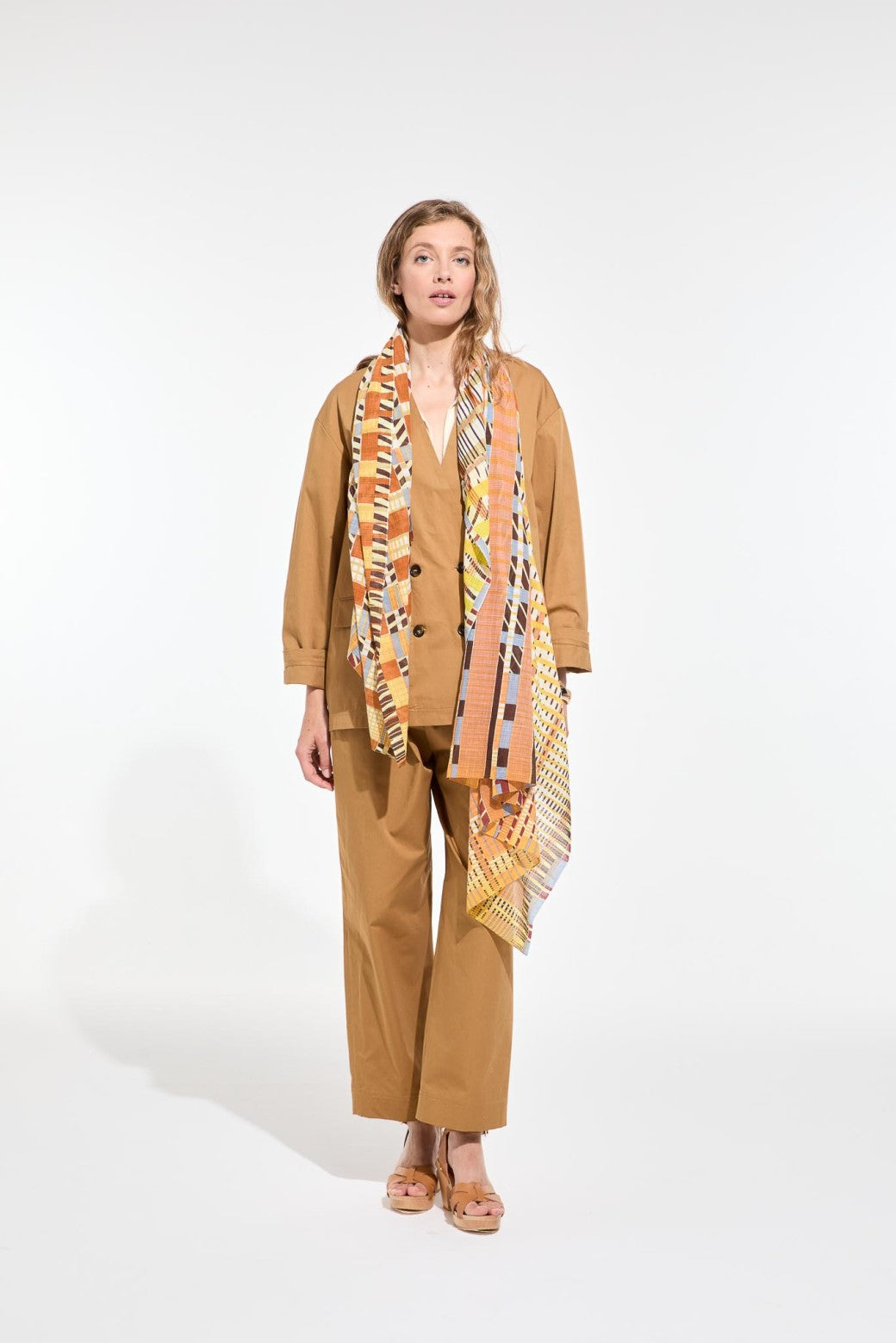 Mapoesie fine cotton scarf Utopie in ambre, gold mustard and soft terracotta plaid design.