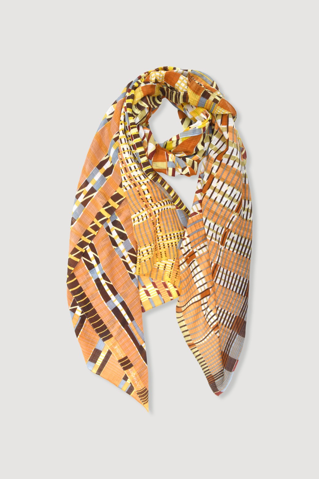 Mapoesie fine cotton scarf Utopie in ambre, gold mustard and soft terracotta plaid design.