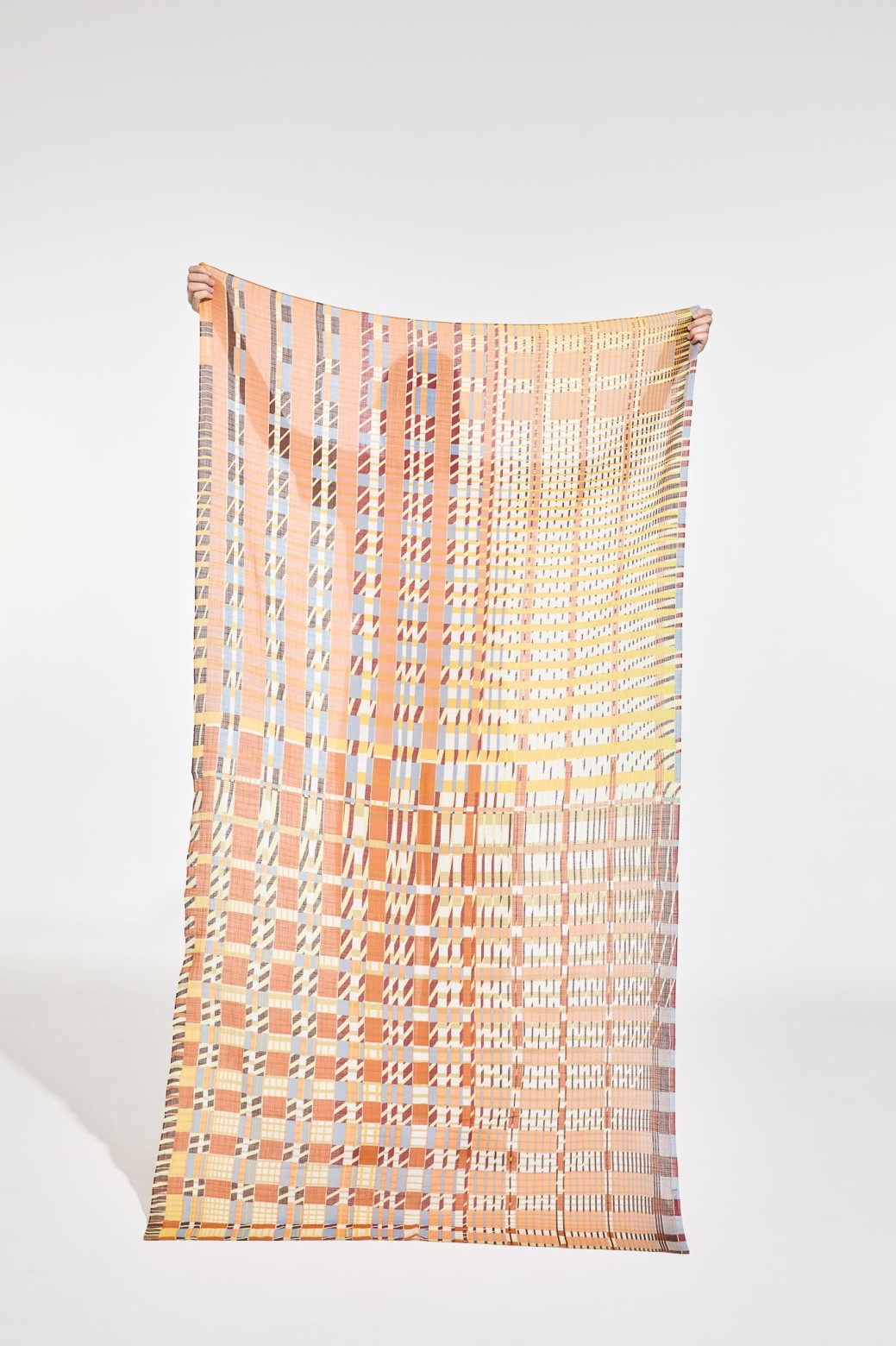 Mapoesie fine cotton scarf Utopie in ambre, gold mustard and soft terracotta plaid design.