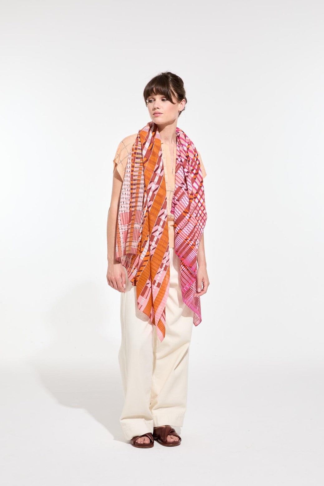 Mapoésie French design cotton scartf in tartan plaid checks Passion orange, pink and white geometric pattern.