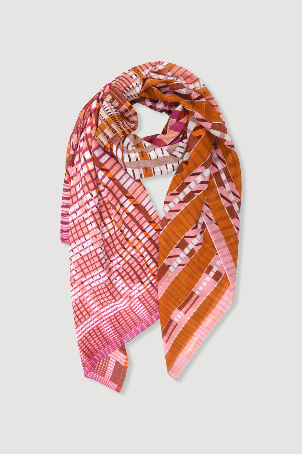 Mapoésie French design cotton scartf in tartan plaid checks Passion orange, pink and white geometric pattern.