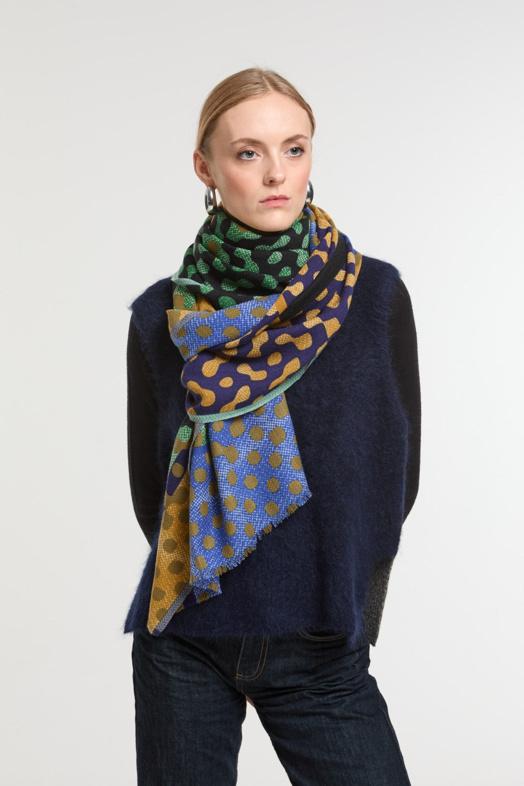 Ma Poesie Variation fine wool scarf in black and green and mustard.